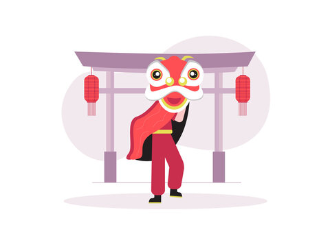 A person performing a traditional Chinese lion dance, or barongsai, in front of a torii-style gate and hanging red lanterns. Japanese culture illustrations. Flat vector concepts.