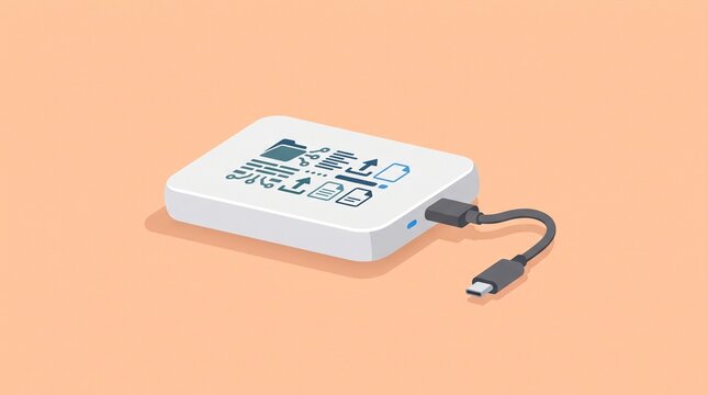 External hard drive storage icon with connection cable and data symbols, isolated on pastel peach background for backup, file storage and digital archiving.