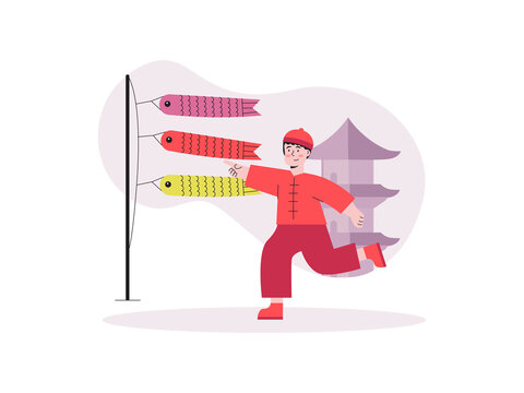 A Japanese child wearing traditional Asian clothing is running past a pagoda near a row of koi fish flags (koinobori). Japanese culture illustrations. Flat vector concepts.