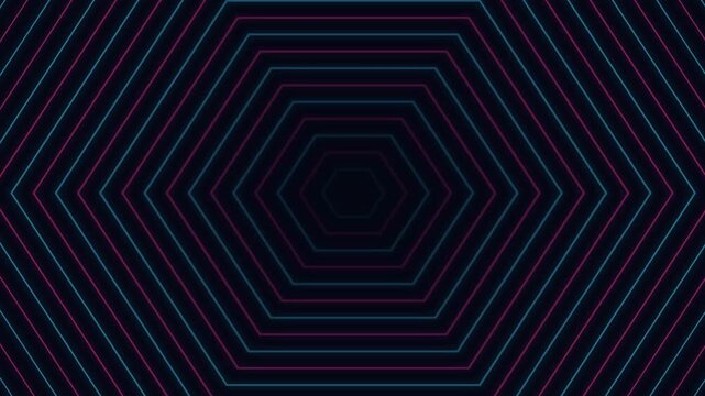Abstract tunnel of glowing pink and blue concentric geometric hexagonal shapes audio visualizer spectrum animation against a dark background motion graphic loop