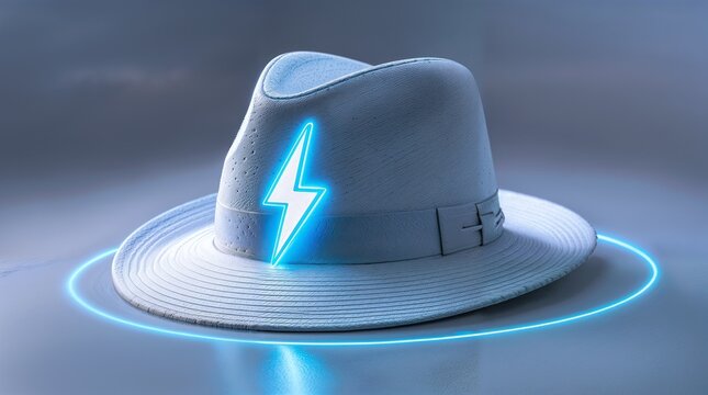 A stylish white fedora hat presented as a sophisticated fashion accessory on a clean, minimalist studio backdrop, featuring a striking glowing blue neon lightning bolt emblem prominently displayed