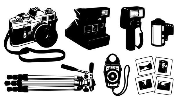 Collection of vintage photography equipment including cameras film rolls tripod light meter and slide film frames