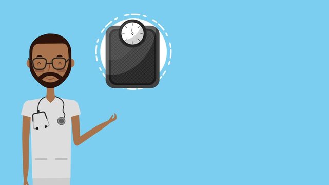 Professional male doctor motion graphic with weight scale for healthcare and medical concepts.