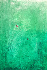 Minimalist abstract acrylic on canvas painting depicting a tiny red canoe with a person and a small silhouette on expansive, heavily textured vibrant green water. Explores themes of adventure and joy. © Berlind