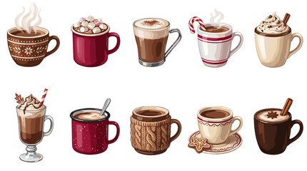 Obraz premium Collection of various hot chocolate and coffee mugs with different designs and toppings