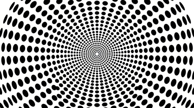 Optical illusion pattern of black dots creates radial halftone circle effect for modern graphic design art.