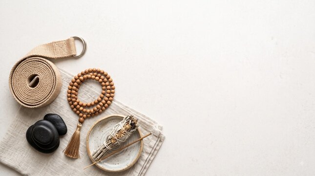 Flat lay of yoga accessories including mala beads and meditation stones