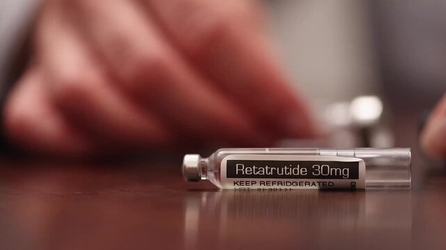 Retratrutide weight loss medication vial on wooden surface with blurred hands in background.