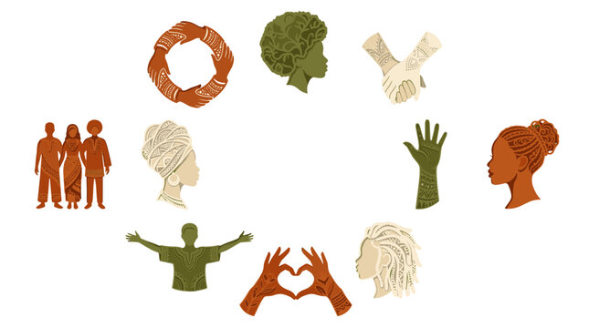 Collection of diverse human silhouettes and icons representing unity and teamwork