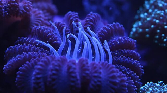 Close up of a vibrant purple coral reef with flowing tentacles in an aquarium.