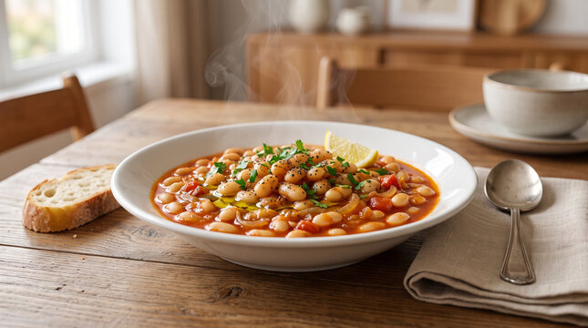 Kuru Fasulye Turkish White Bean Stew with Bread on Wooden Table