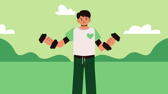 Young man lifting weights outdoors on green background animation clip.