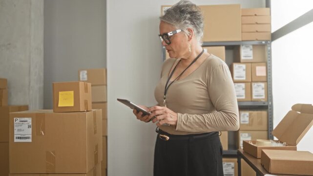 Woman holds tablet while inspecting stacked packages on shelving in a building storage room; small business focused.