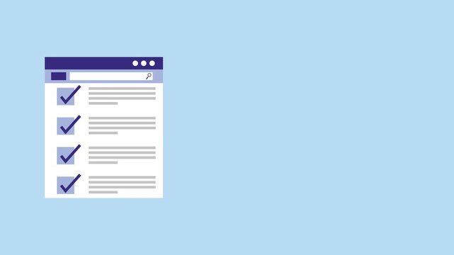 Search engine optimization and website checklist animation on blue background.