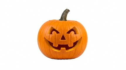 Round orange Halloween pumpkin with a carved jack-o-lantern face featuring triangular eyes and jagged toothy grin on white, spooky, autumn, holiday, d © Robson