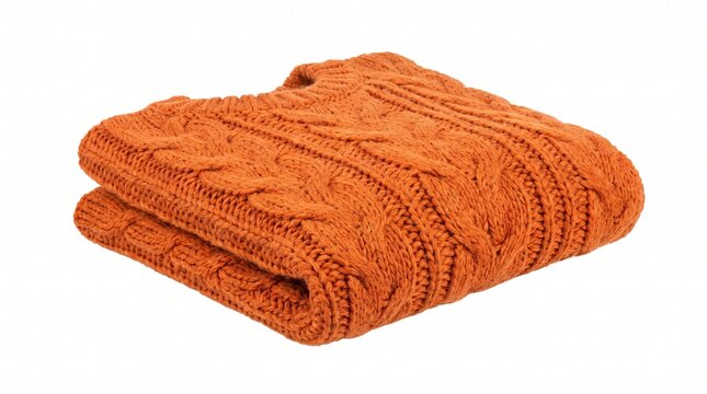 A folded orange cable-knit wool sweater featuring thick woven patterns, isolated on a clean white background, soft texture, cozy, apparel, winter, sty