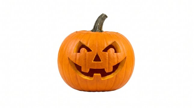 Round orange Halloween pumpkin with a carved jack-o-lantern face featuring triangular eyes and jagged toothy grin on white, spooky, autumn, holiday, d