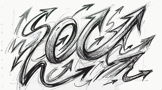 Energetic arrows with sharp curves, sweeping movements and expressive hand-drawn strokes, black ink and pencil sketch, white background