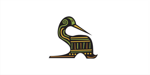 Fototapeta premium Stylized tribal bird illustration with ethnic patterns and green yellow stripes on white background folk art symbol