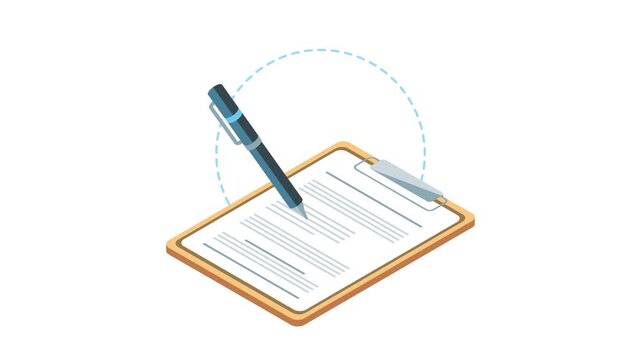 Isometric animation of a pen writing on a document, illustrating the concept of a written statement, contract, or form completion.