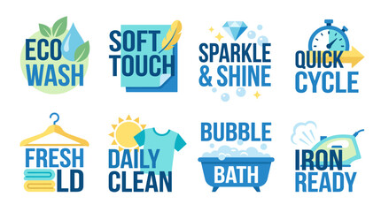 Obraz premium This design features seven creative icons representing various laundry concepts like eco-friendly washing and quick cycles, aimed at promoting efficient laundry practices.