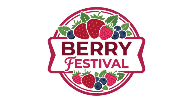 A vibrant logo design for a berry festival, featuring colorful strawberries, raspberries, and blueberries surrounded by lush greenery, ideal for promoting local events.