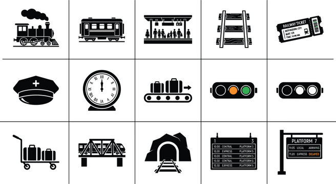 Railway and train transportation icons set featuring steam locomotive station platform tracks ticket clock and luggage glyph symbols
