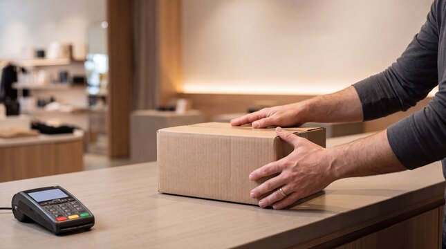A person's hands carefully placing a package on a counter next to a credit card reader. The setting appears to be a store or reception area.