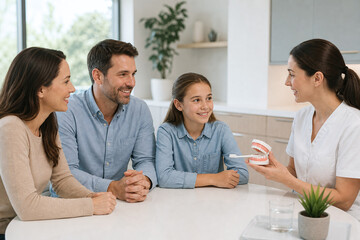 Fototapeta premium Family attending a preventive dental care visit in balanced premium hero composition