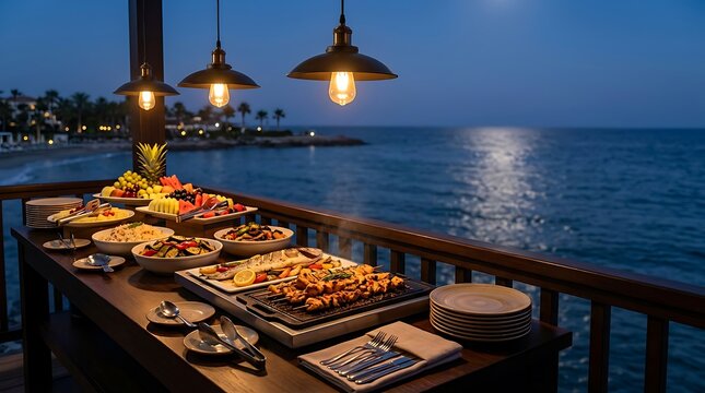 A beautiful seaside buffet setup on a balcony at night with delicious food, glowing lights, and ocean view.