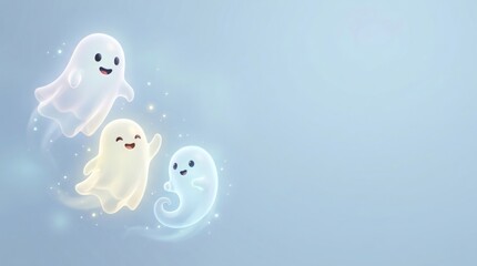 Obraz premium 3D Rendered Ghost Trio Floating Left Side Pale Blue Background Right Side Left Empty Space