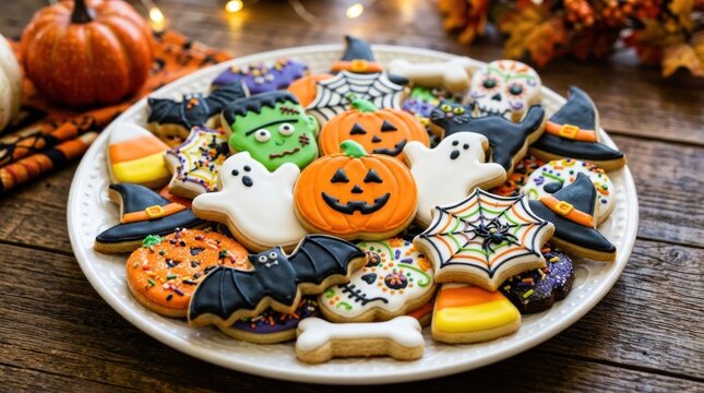 close up white plate filled with colorful festive halloween cookies