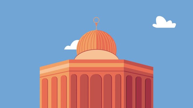 A motion graphic video of a beautiful mosque with its dome and minarets in an animated illustration, capturing the architectural style of islamic worship buildings.