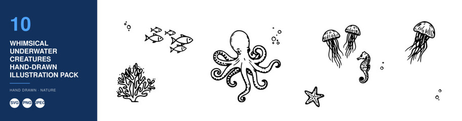 Fototapeta premium Whimsical Underwater Creatures Illustration Pack, Hand-Drawn Design Elements Featuring Marine, Life