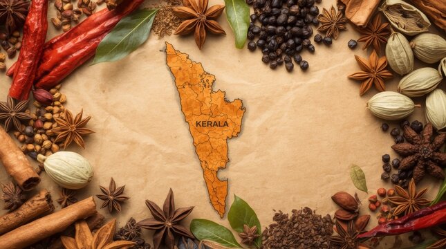 Flat lay arrangement of kerala map centered amongst fresh whole spices with aromatic herbs neutral