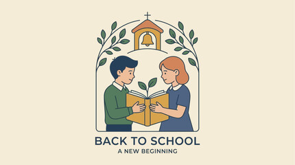 Fototapeta premium Back to school vector illustration with children reading a book under a school bell arch