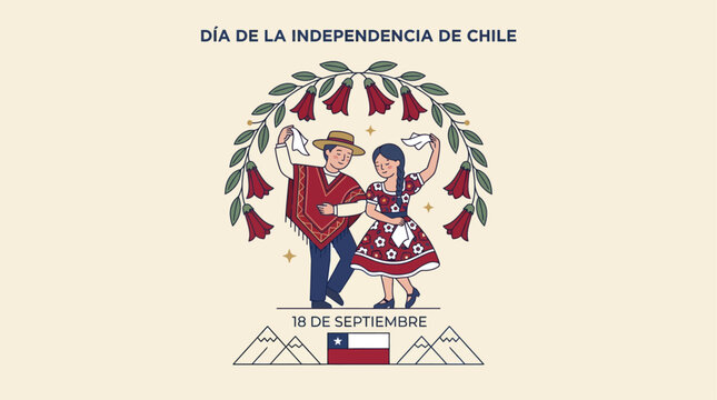 Chile Independence Day illustration with traditional Cueca dancers and national symbols