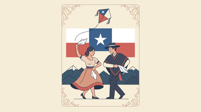 Chile Independence Day illustration with traditional Cueca dancers and national flag.