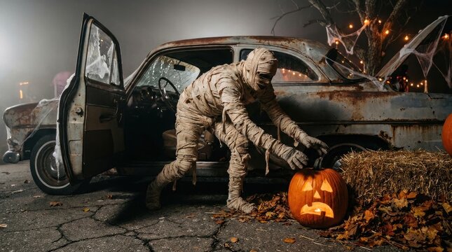 spooky halloween mummy attacking jack o lantern from broken car