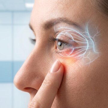 Close up profile of a woman touching her eye area with a holographic digital medical visualization of nerves and inflammation
