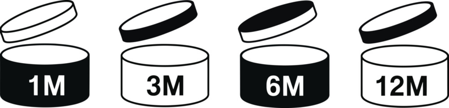 open cosmetic jar pao indicator icons featuring skincare packaging expiration periods, cream container symbols with 1m, 3m, 6m, 12m labels, vector design.