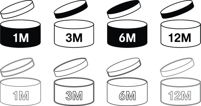 subscription duration icons featuring 1m, 3m, 6m and 12m periods, membership plans, billing terms, service packages, vector design.