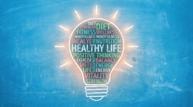 Healthy life concept with glowing lightbulb shaped word cloud on blue chalkboard background inspires wellness.
