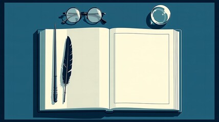 Fototapeta premium Flat vector still life of an open spellbook, wand and quill on the left page, vintage round spectacles and crystal ball on teal, for wizard school posters