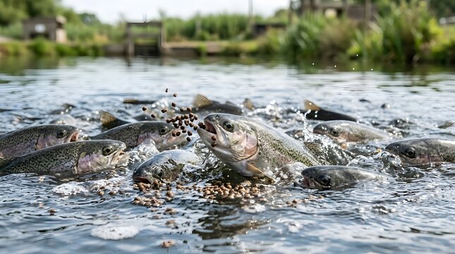 Rainbow Trout Fish Feeding on Floating Pellets in Aquaculture Farm
