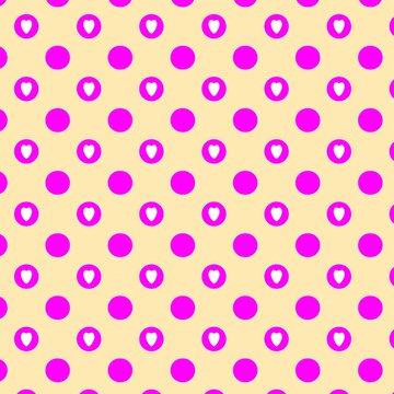 Seamless polka dot pattern with pink and purple circles on yellow background.