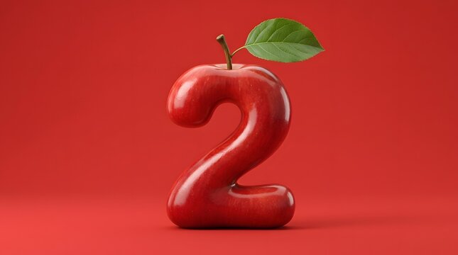 The number two creatively formed as a red apple with green leaves on a red background
