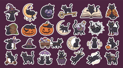 Obraz premium Black cat witch familiar stickers featuring magical moons and autumn pumpkins for whimsical halloween stationary design.