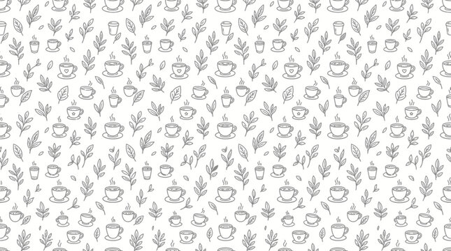 Hand-drawn coffee cups and leaves pattern