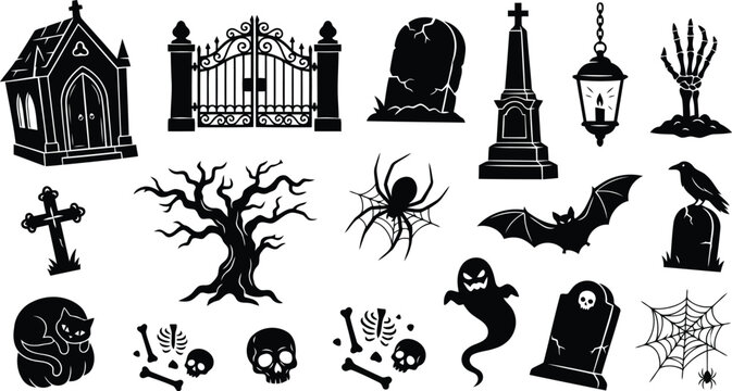 Halloween silhouette icon set featuring creepy tombstones haunted trees ghosts skulls for festive gothic party decor uses.